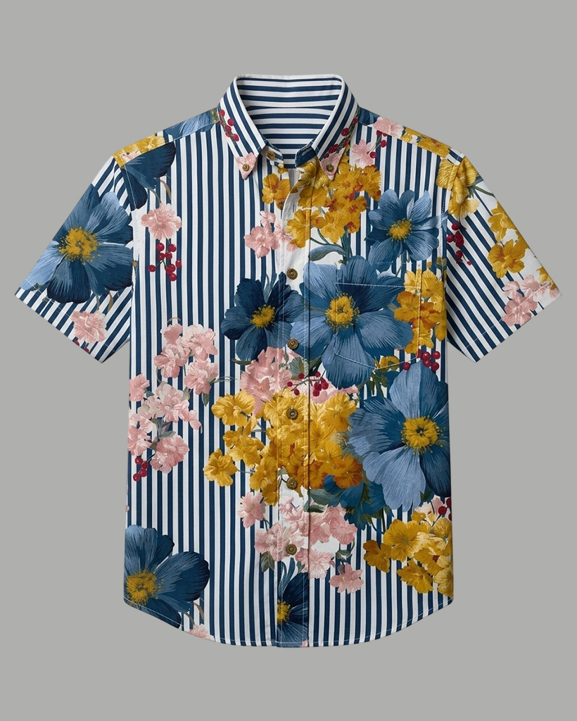 Men's Blue-White Striped Floral Patchwork Print Short Sleeve Turn-Down Collar Casual Shirt
