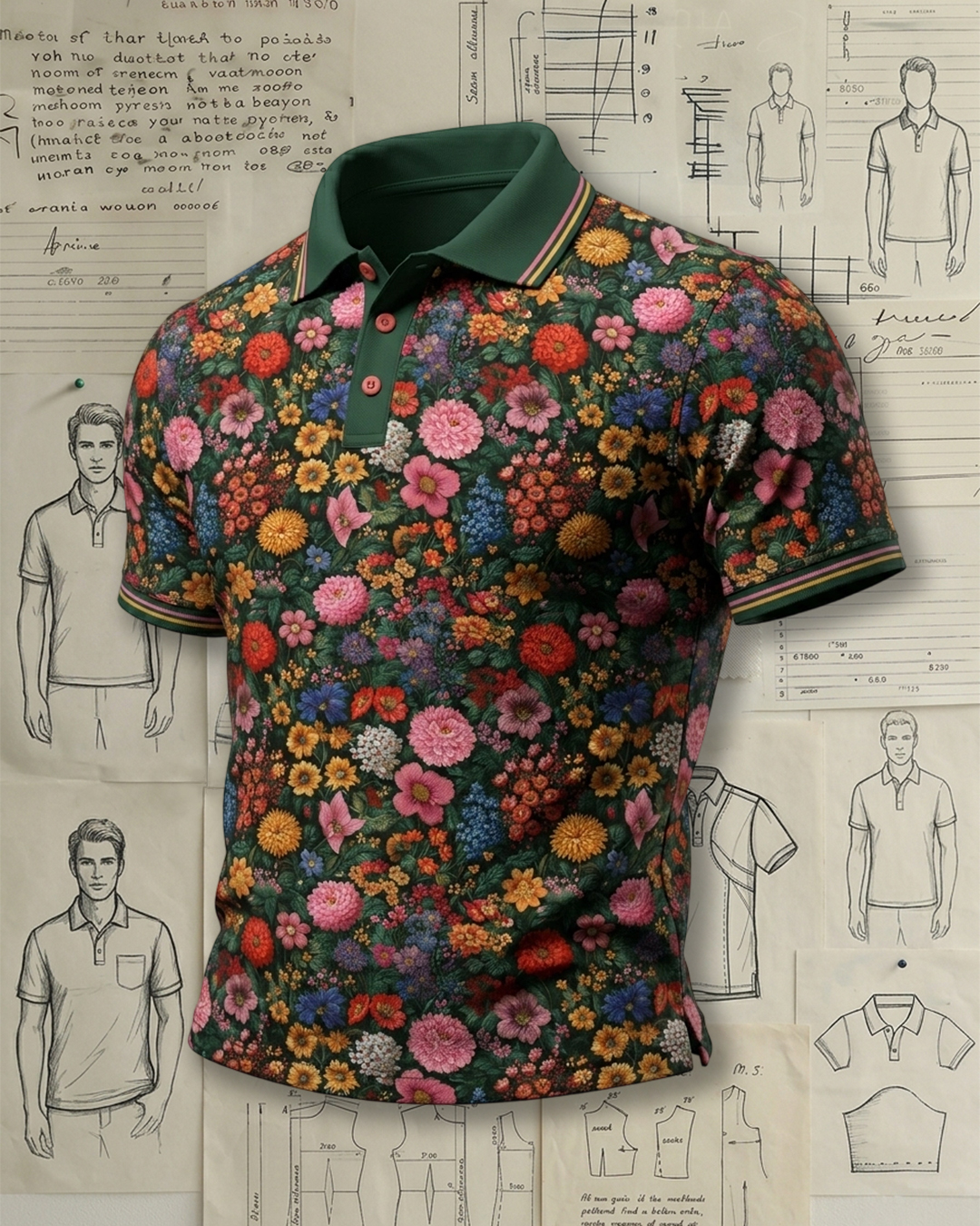 Multicolor Flower Print Casual Men’s Collared Polo