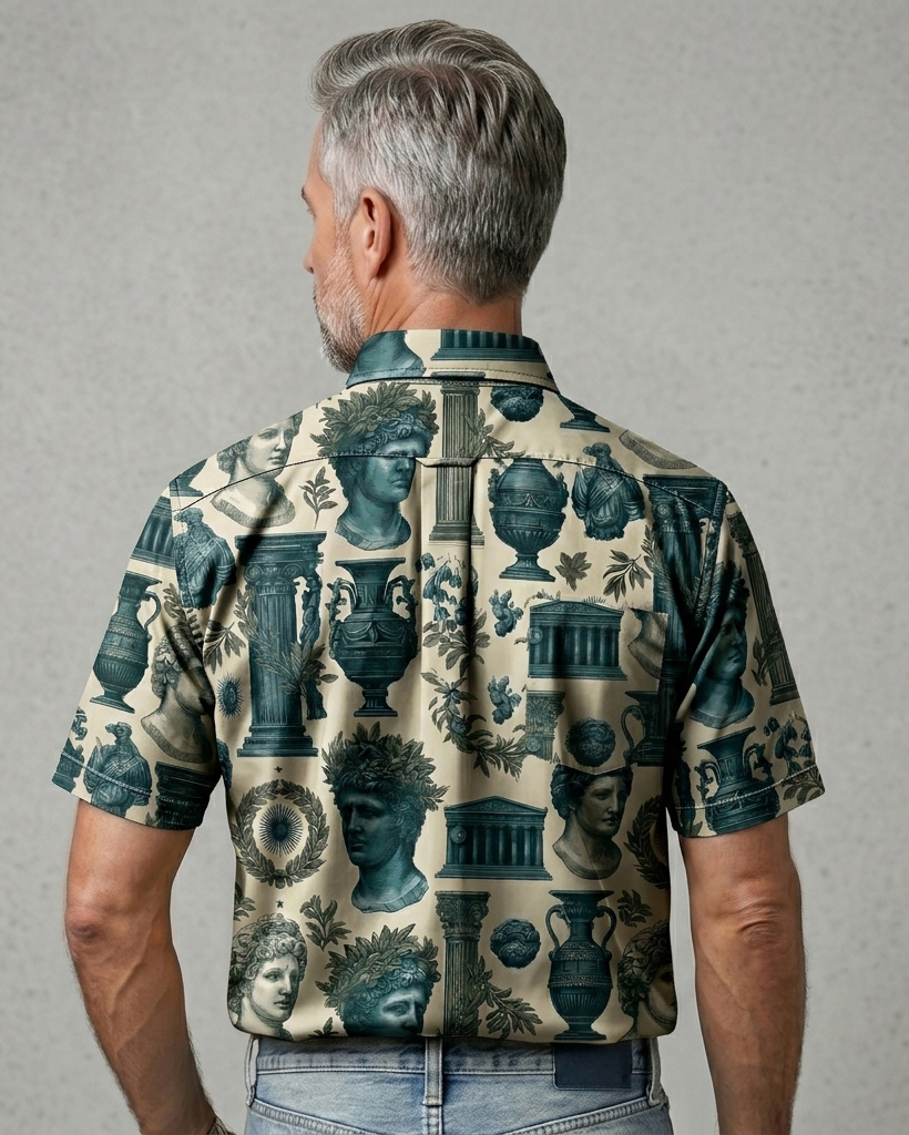 Men's Ivory Base Retro Greek God Print Short Sleeve Turn-Down Collar Casual Shirt