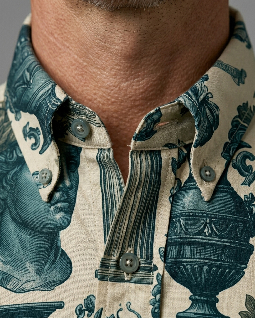 Men's Ivory Base Retro Greek God Print Short Sleeve Turn-Down Collar Casual Shirt