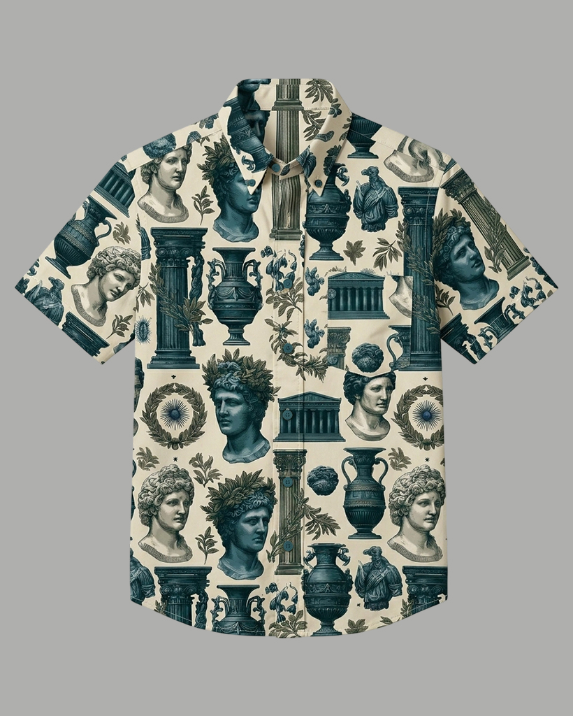 Men's Ivory Base Retro Greek God Print Short Sleeve Turn-Down Collar Casual Shirt