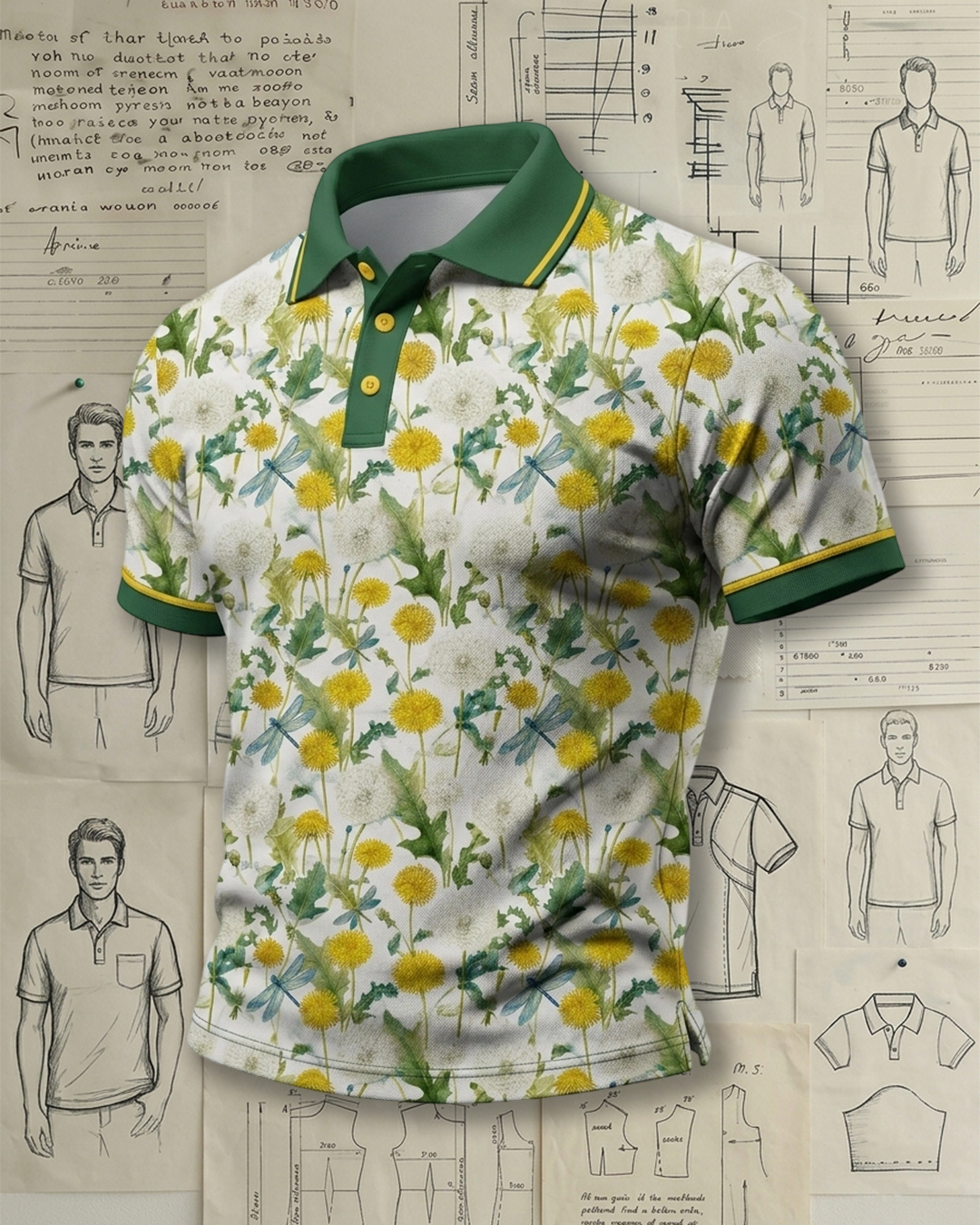 Men’s Dandelion & Dragonfly Print Short Sleeve Polo Shirt