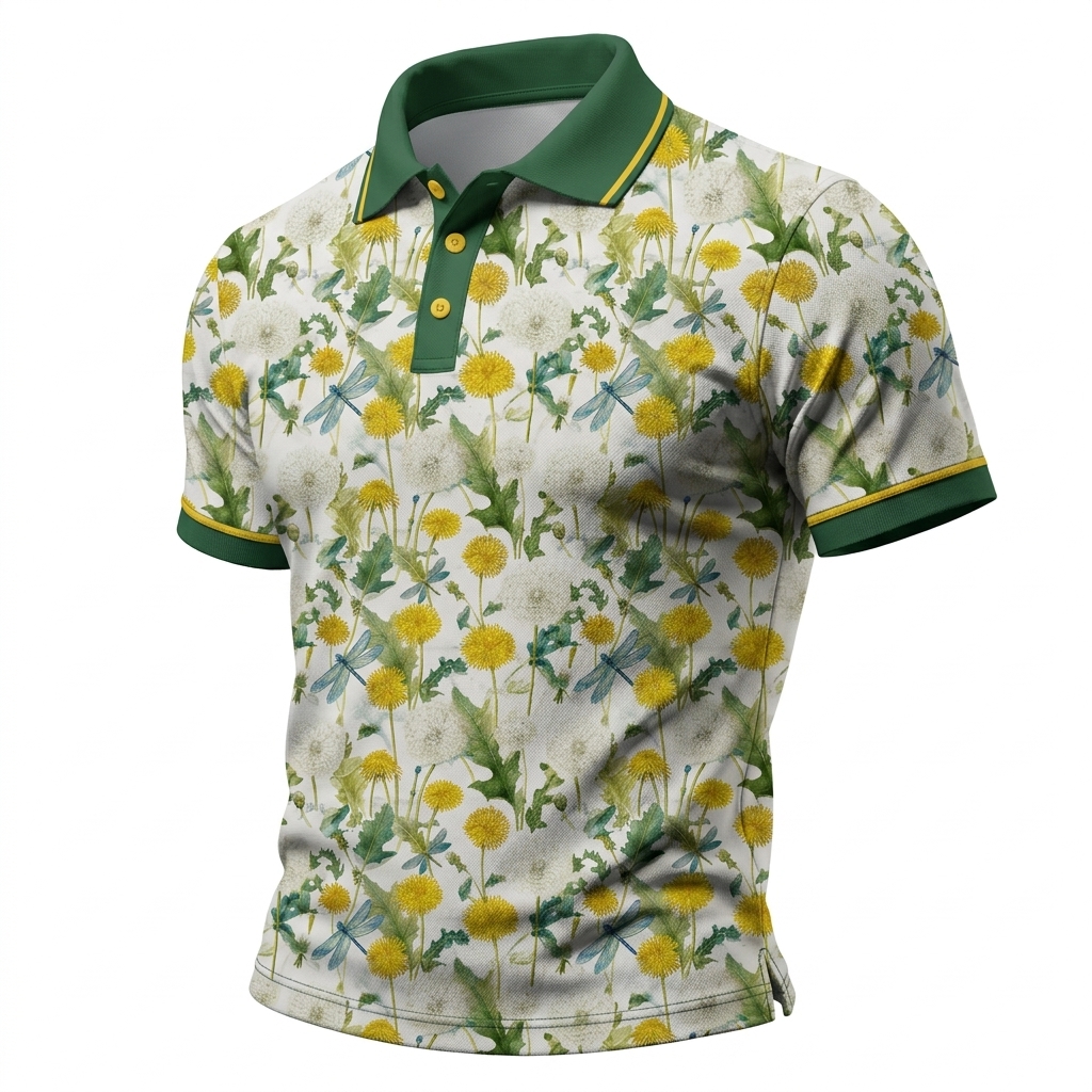 Men’s Dandelion & Dragonfly Print Short Sleeve Polo Shirt