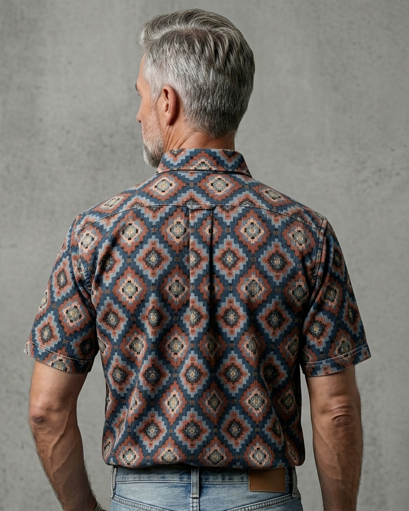 Men's Dark Gray Base Brown-Blue Diamond Ethnic Print Short Sleeve Turn-Down Collar Casual Shirt