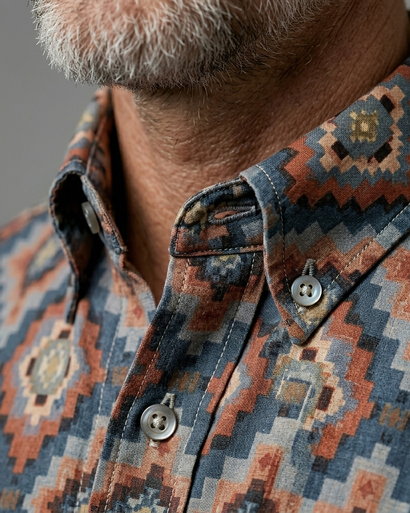 Men's Dark Gray Base Brown-Blue Diamond Ethnic Print Short Sleeve Turn-Down Collar Casual Shirt