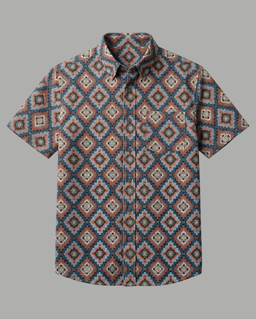 Men's Dark Gray Base Brown-Blue Diamond Ethnic Print Short Sleeve Turn-Down Collar Casual Shirt
