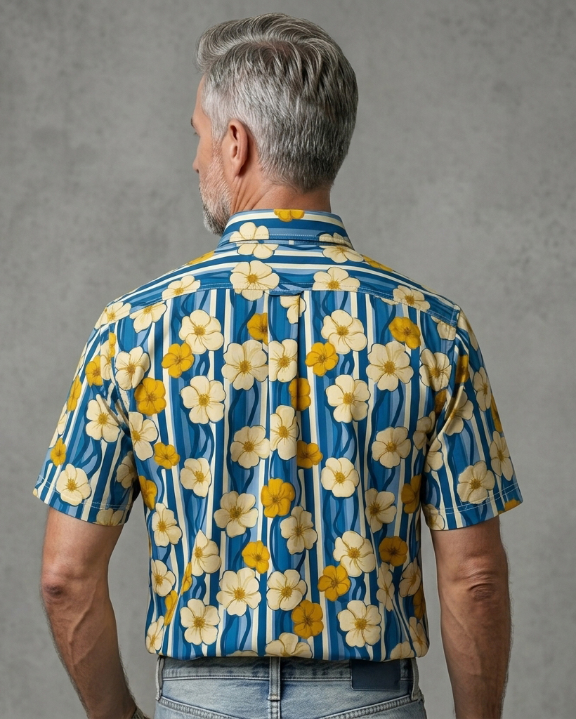 Men's Blue Base Yellow-White Floral Stripe Print Short Sleeve Turn-Down Collar Casual Shirt