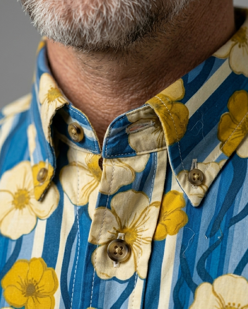 Men's Blue Base Yellow-White Floral Stripe Print Short Sleeve Turn-Down Collar Casual Shirt