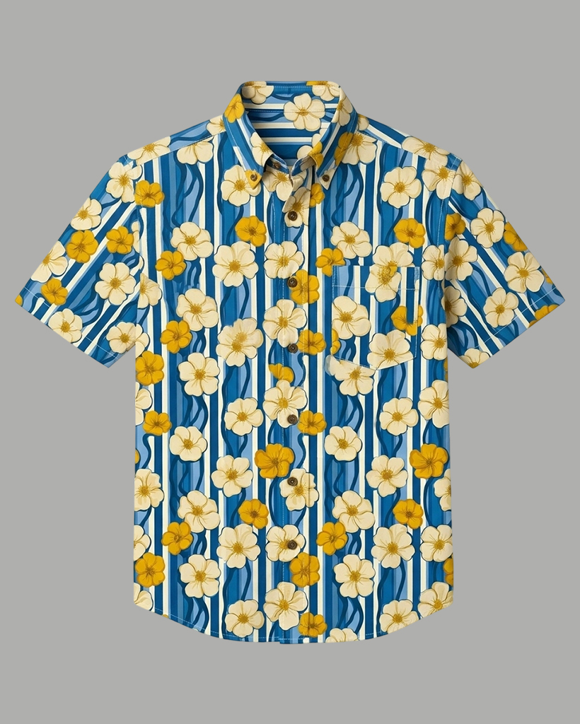 Men's Blue Base Yellow-White Floral Stripe Print Short Sleeve Turn-Down Collar Casual Shirt