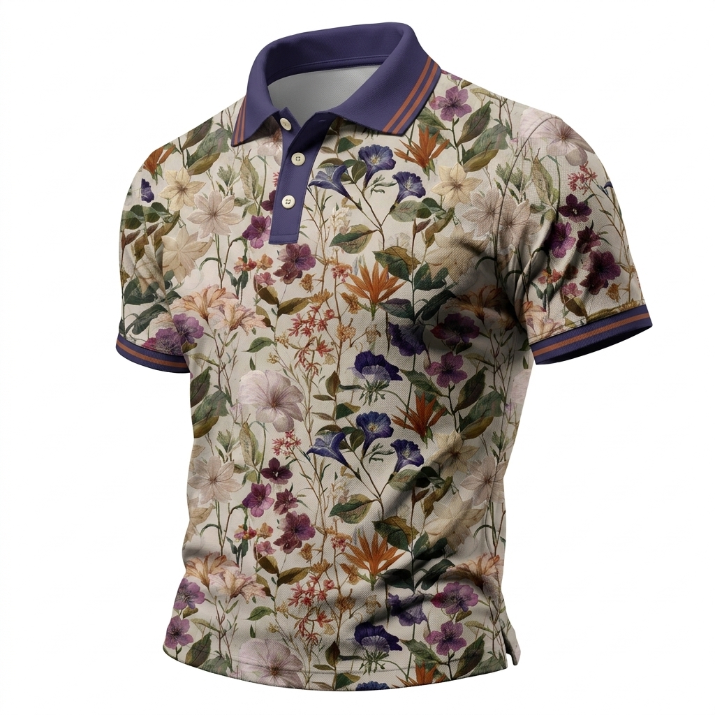Retro Botanical Floral Print Casual Men’s Polo