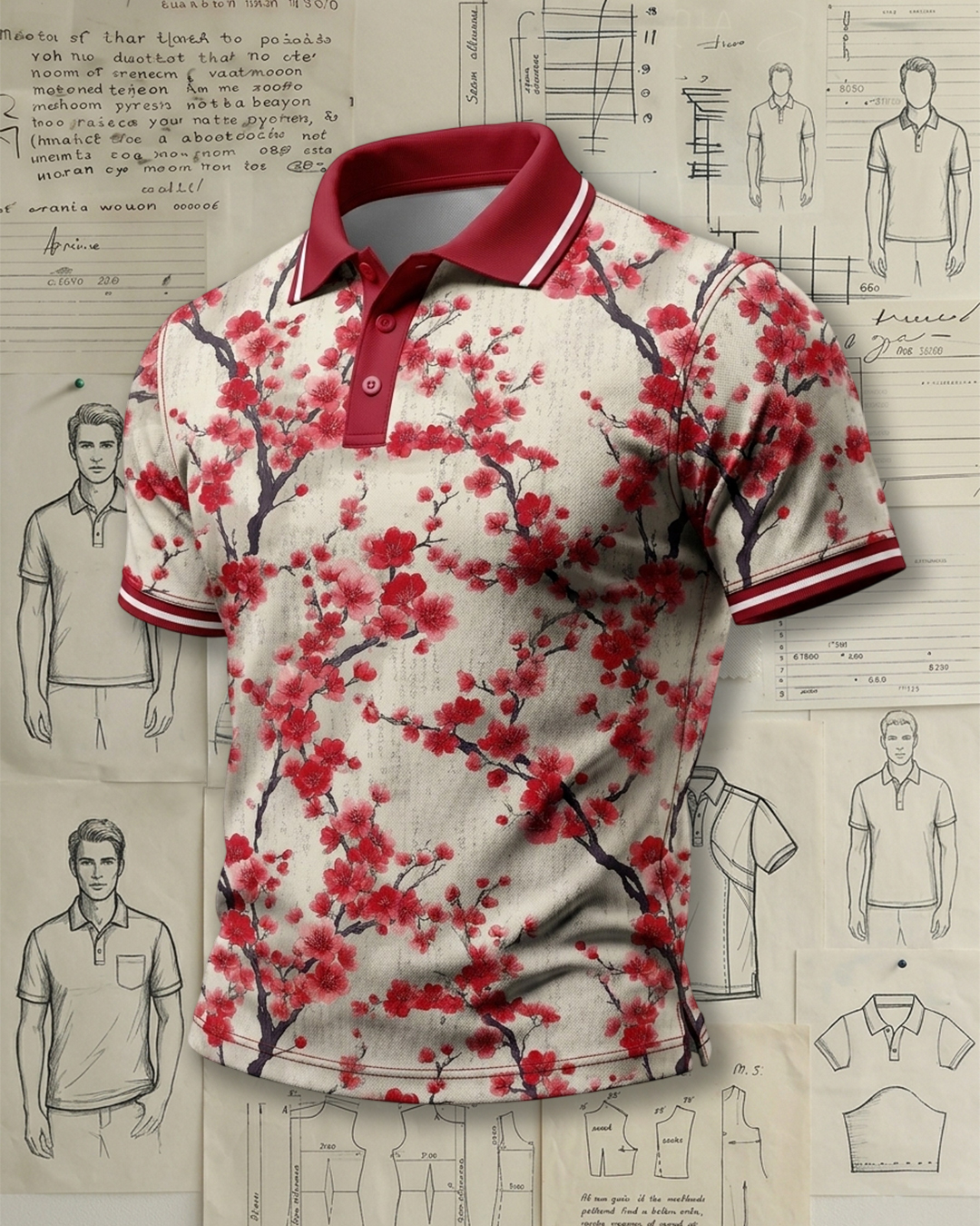 Men’s Cherry Blossom Print Short Sleeve Polo Shirt