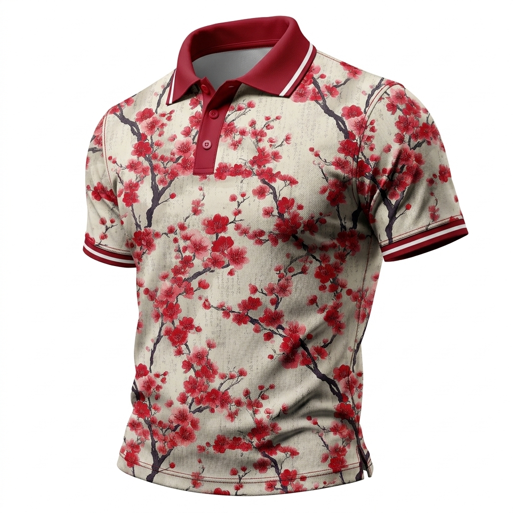 Men’s Cherry Blossom Print Short Sleeve Polo Shirt