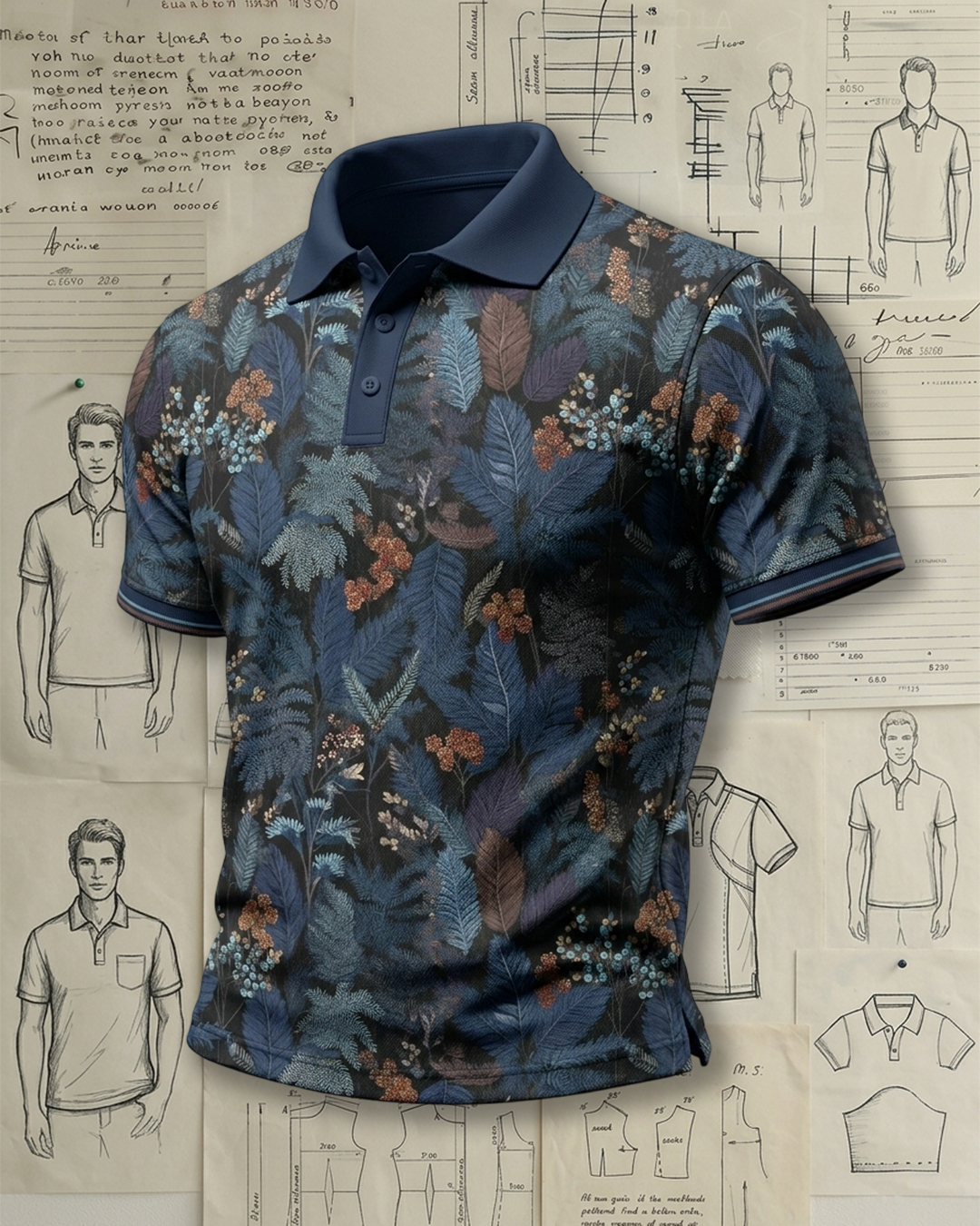 Vintage Nature Fern Pattern Short Sleeve Collared Polo