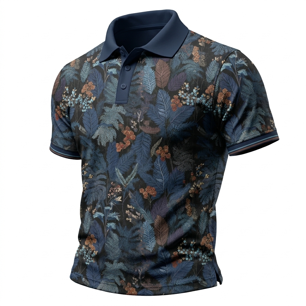 Vintage Nature Fern Pattern Short Sleeve Collared Polo