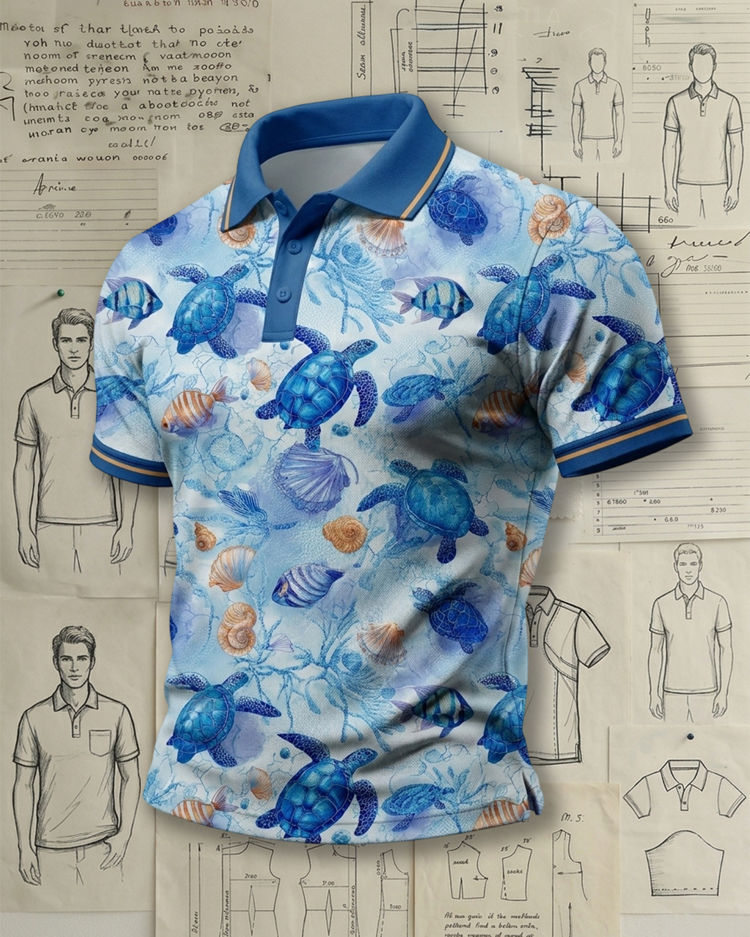 Blue Marine Turtle Pattern Short Sleeve Collared Polo