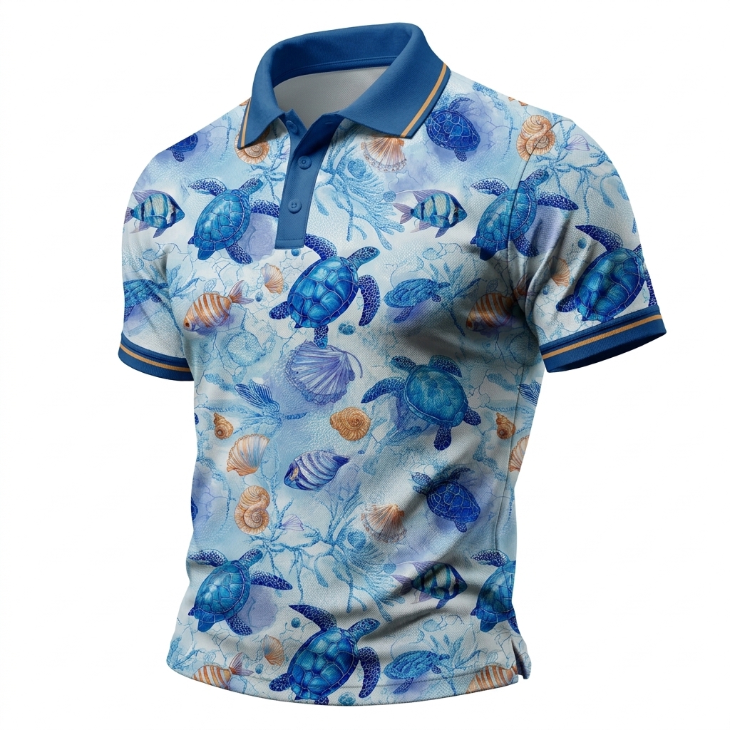 Blue Marine Turtle Pattern Short Sleeve Collared Polo