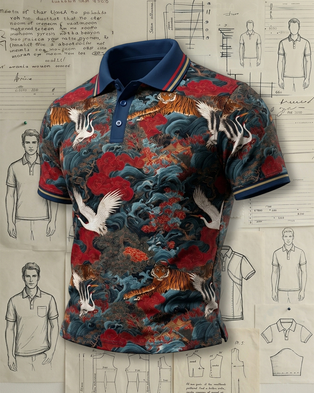 Men’s Oriental Tiger & Crane Print Short Sleeve Polo Shirt