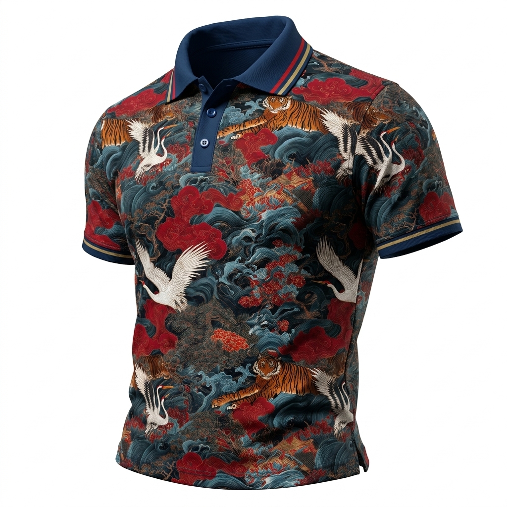 Men’s Oriental Tiger & Crane Print Short Sleeve Polo Shirt