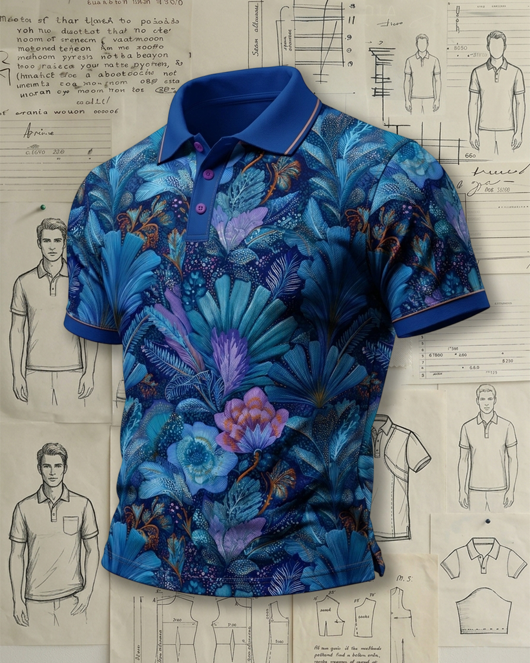Bold Blue & Purple Flower Pattern Short Sleeve Collared Polo