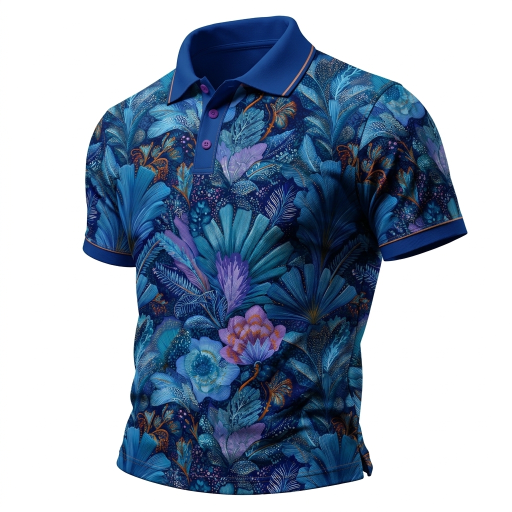 Bold Blue & Purple Flower Pattern Short Sleeve Collared Polo