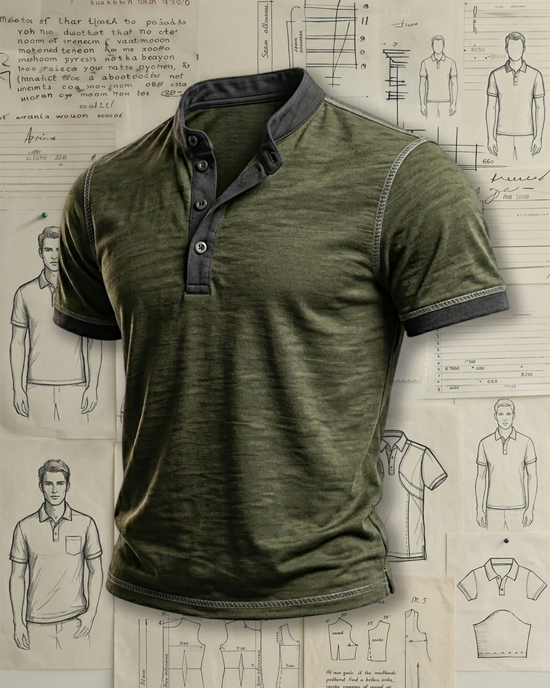 Men's Army Green Contrast Collar Solid Color Regular Fit Vintage Casual Short Sleeve Henley Polo Shirt