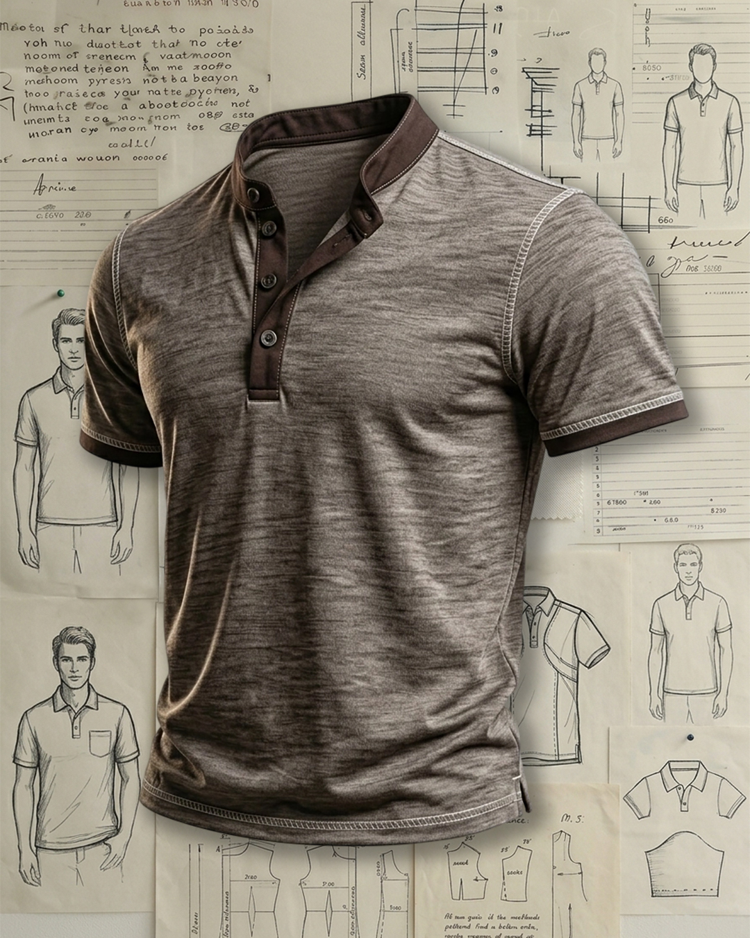 Men's Heather Brown Coffee Contrast Collar Solid Color Regular Fit Retro Casual Short Sleeve Henley Polo Shirt