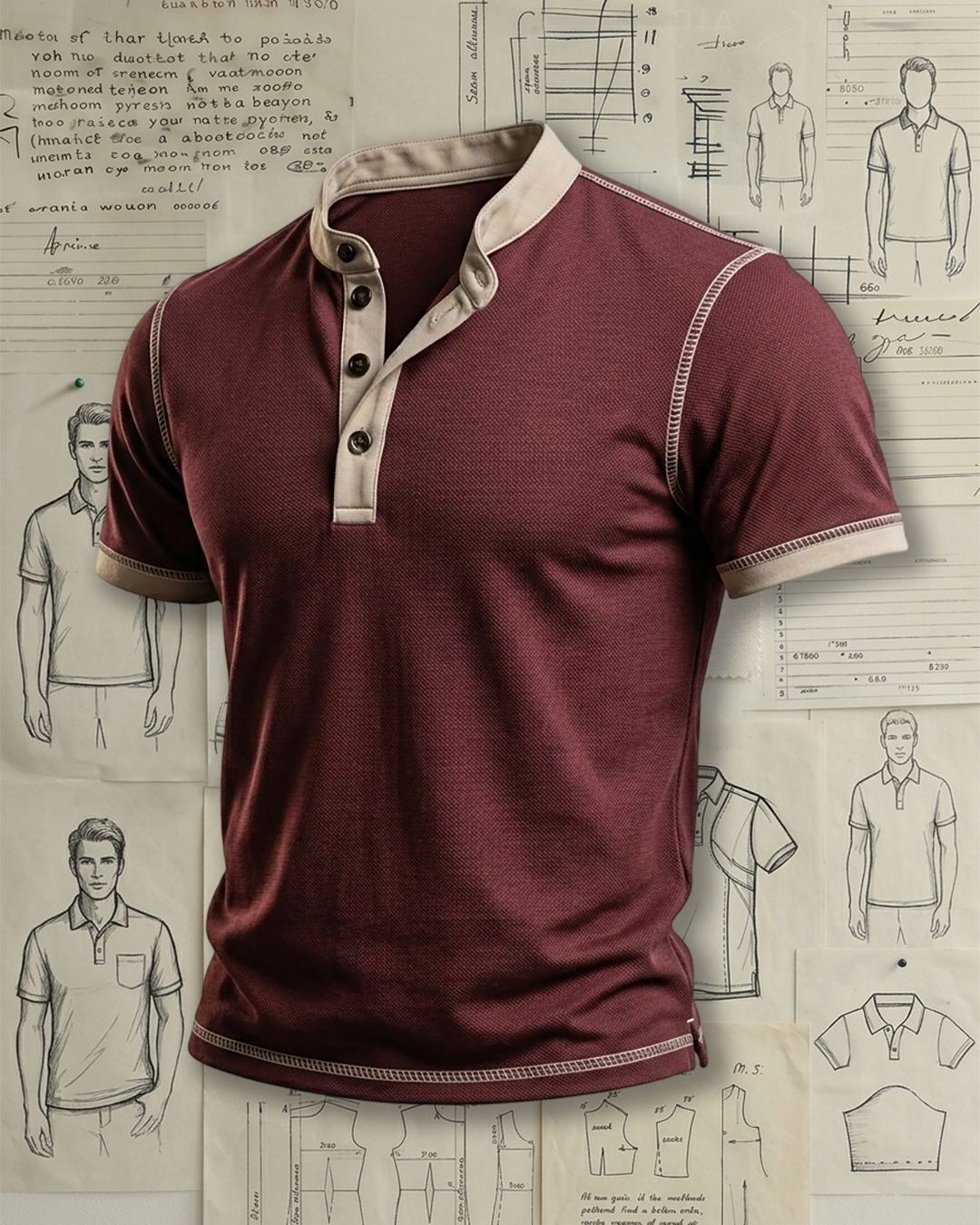 Men's Burgundy Contrast Trim Solid Color Regular Fit Business Casual Stand Collar Short Sleeve Henley Polo Shirt
