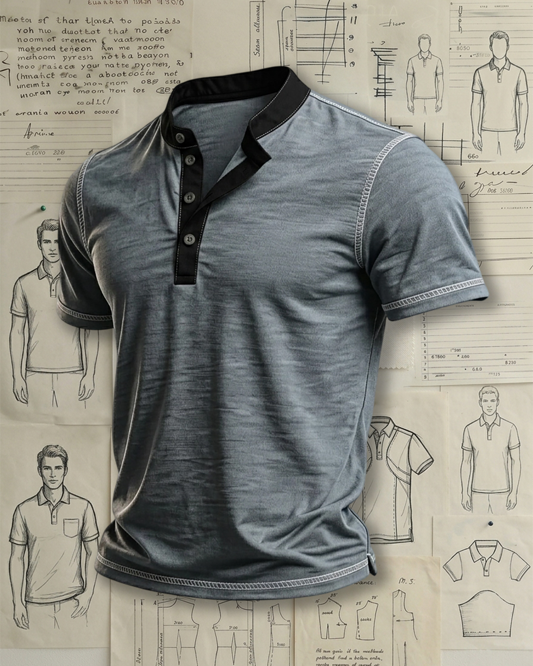 Men's Heather Blue Black Contrast Collar Solid Color Relaxed Fit Daily Casual Short Sleeve Henley Polo Shirt