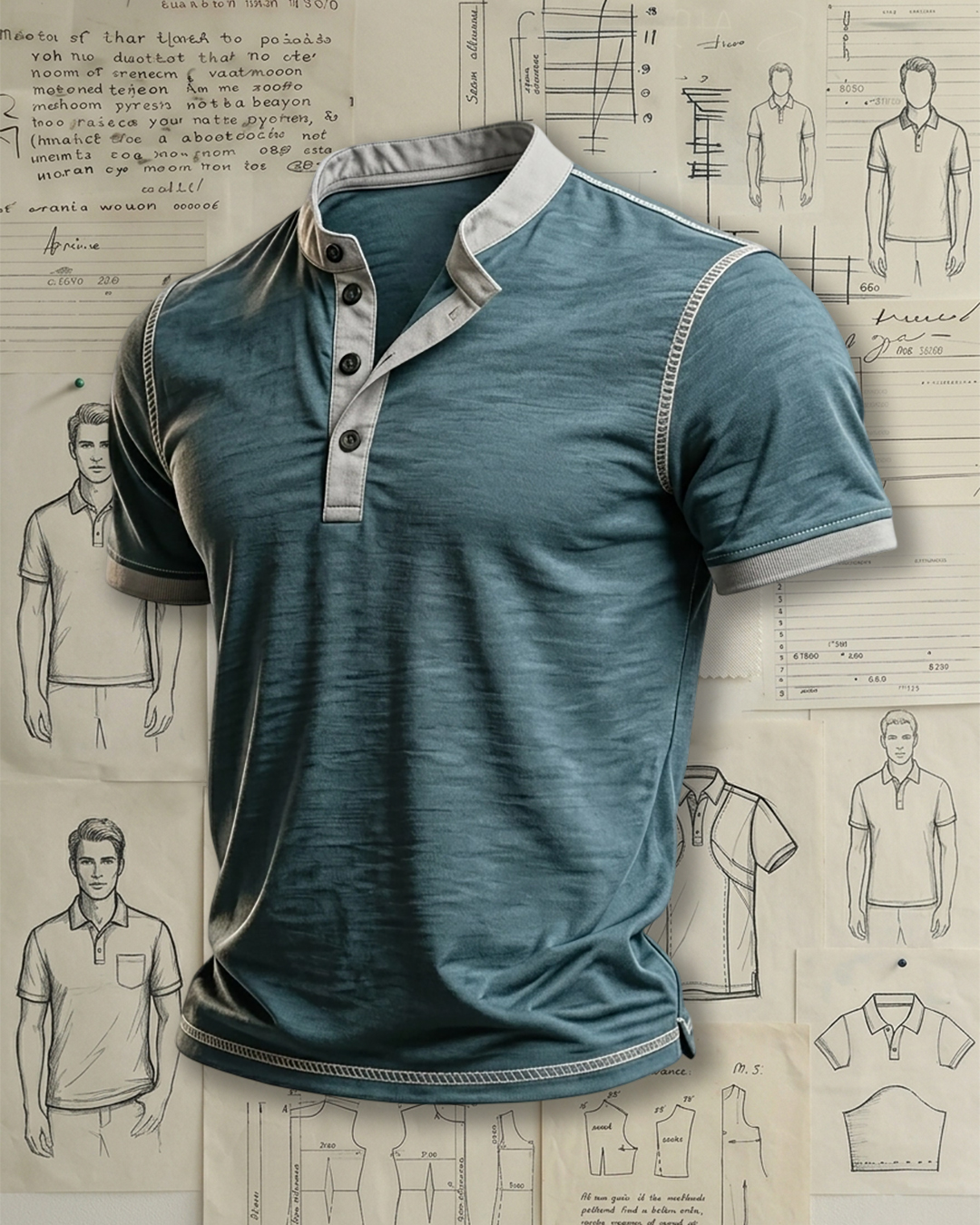 Men's Dusty Blue Grey Contrast Collar Solid Color Regular Fit Vintage Casual Short Sleeve Henley Polo Shirt