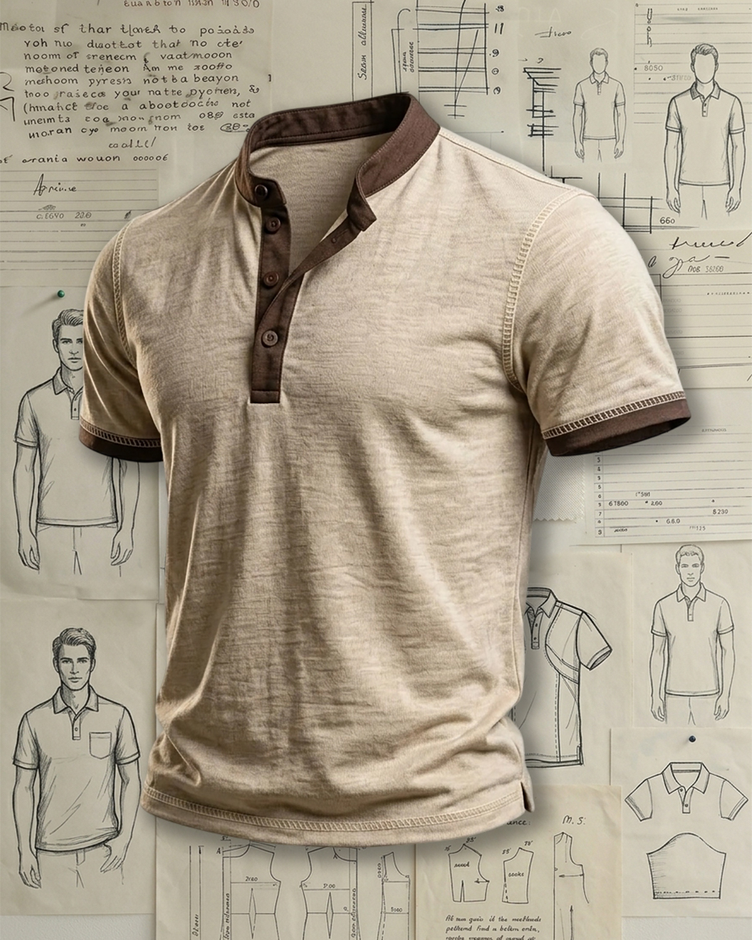 Men's Oatmeal Brown Contrast Collar Solid Color Relaxed Fit Retro Casual Short Sleeve Henley Polo Shirt