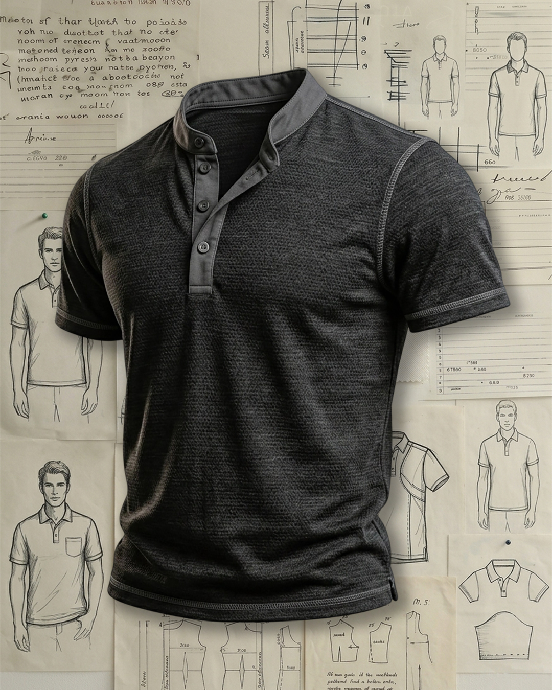 Men's Heather Charcoal Grey Contrast Collar Solid Color Tailored Fit Daily Casual Short Sleeve Henley Polo Shirt
