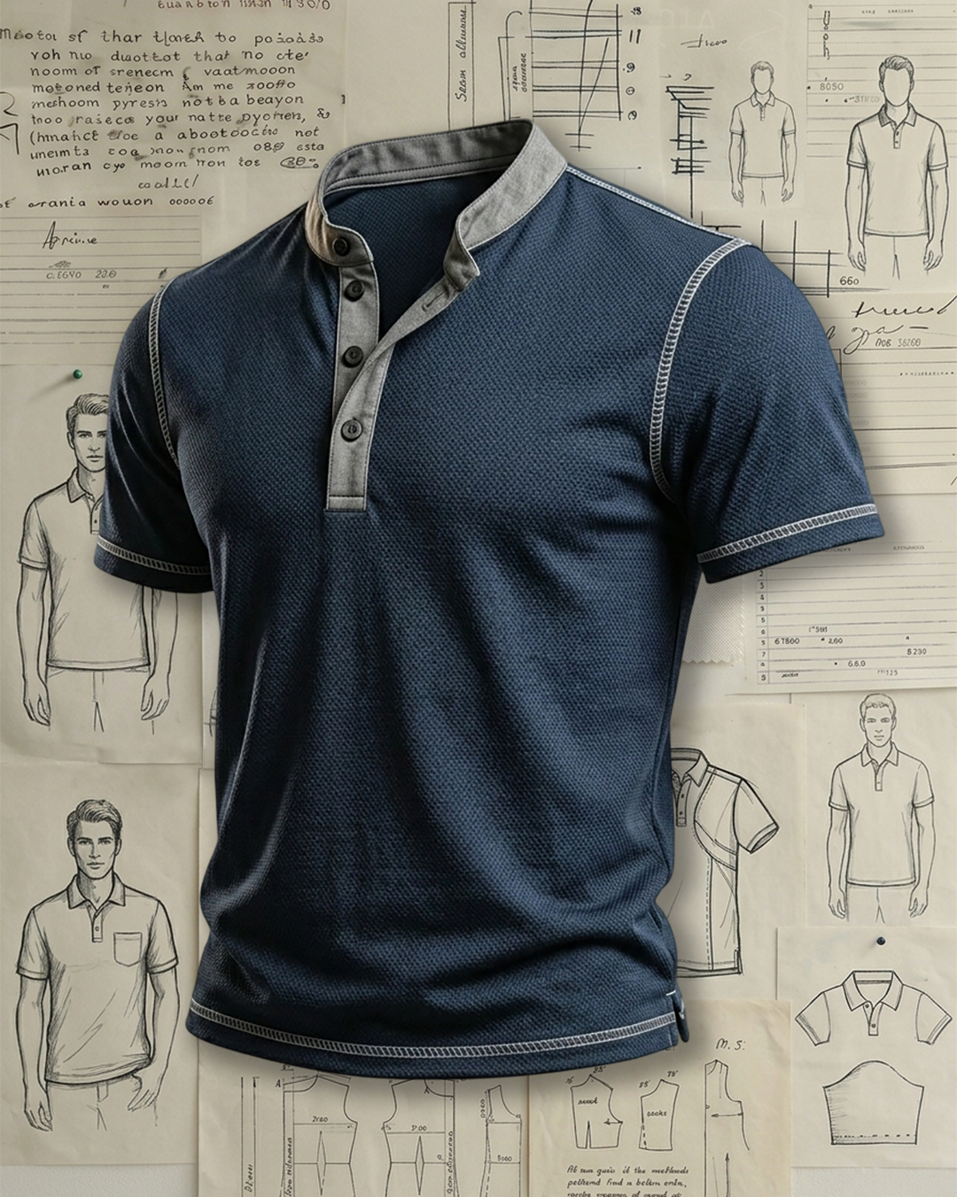 Men's Indigo Navy Grey Contrast Collar Woven Solid Color Slim Fit Daily Casual Short Sleeve Henley Polo Shirt