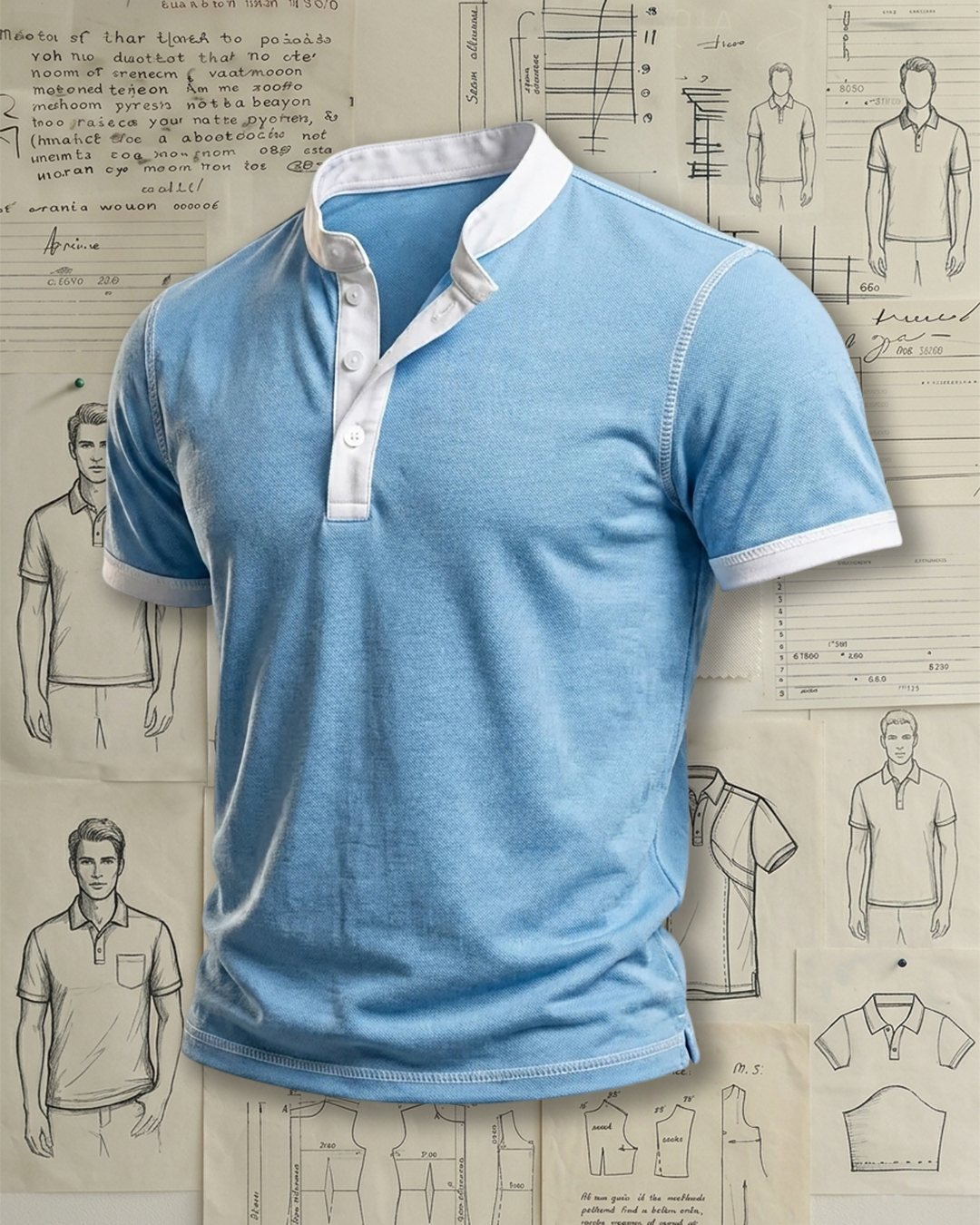 Men's Sky Blue White Contrast Collar Solid Color Tapered Fit Daily Casual Short Sleeve Henley Polo Shirt