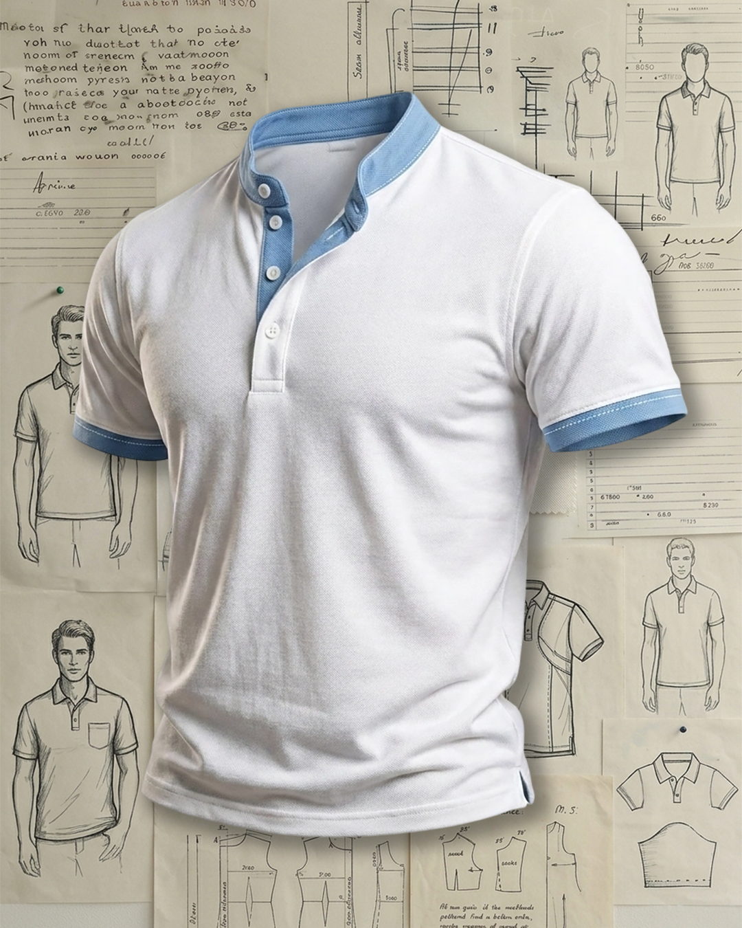 Men's Pure White Light Blue Contrast Collar Solid Color Slim Fit Vintage Casual Short Sleeve Stand Collar Henley Polo Shirt