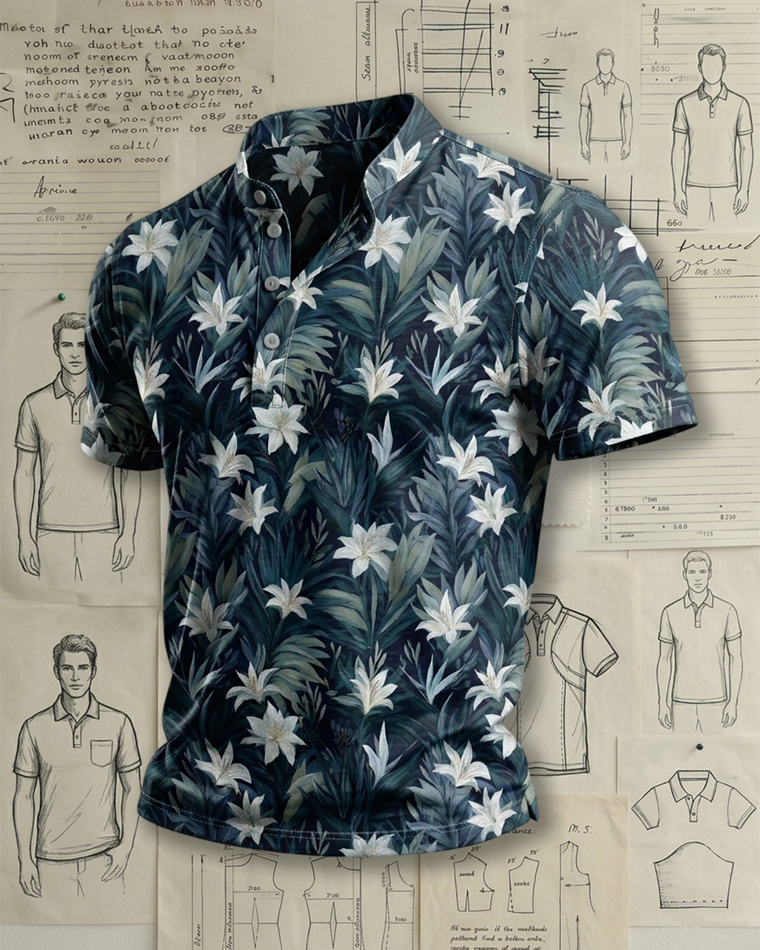 Men's Dark Green Tropical Lily Print Relaxed Fit Vacation Casual Short Sleeve Stand Collar Polo Shirt