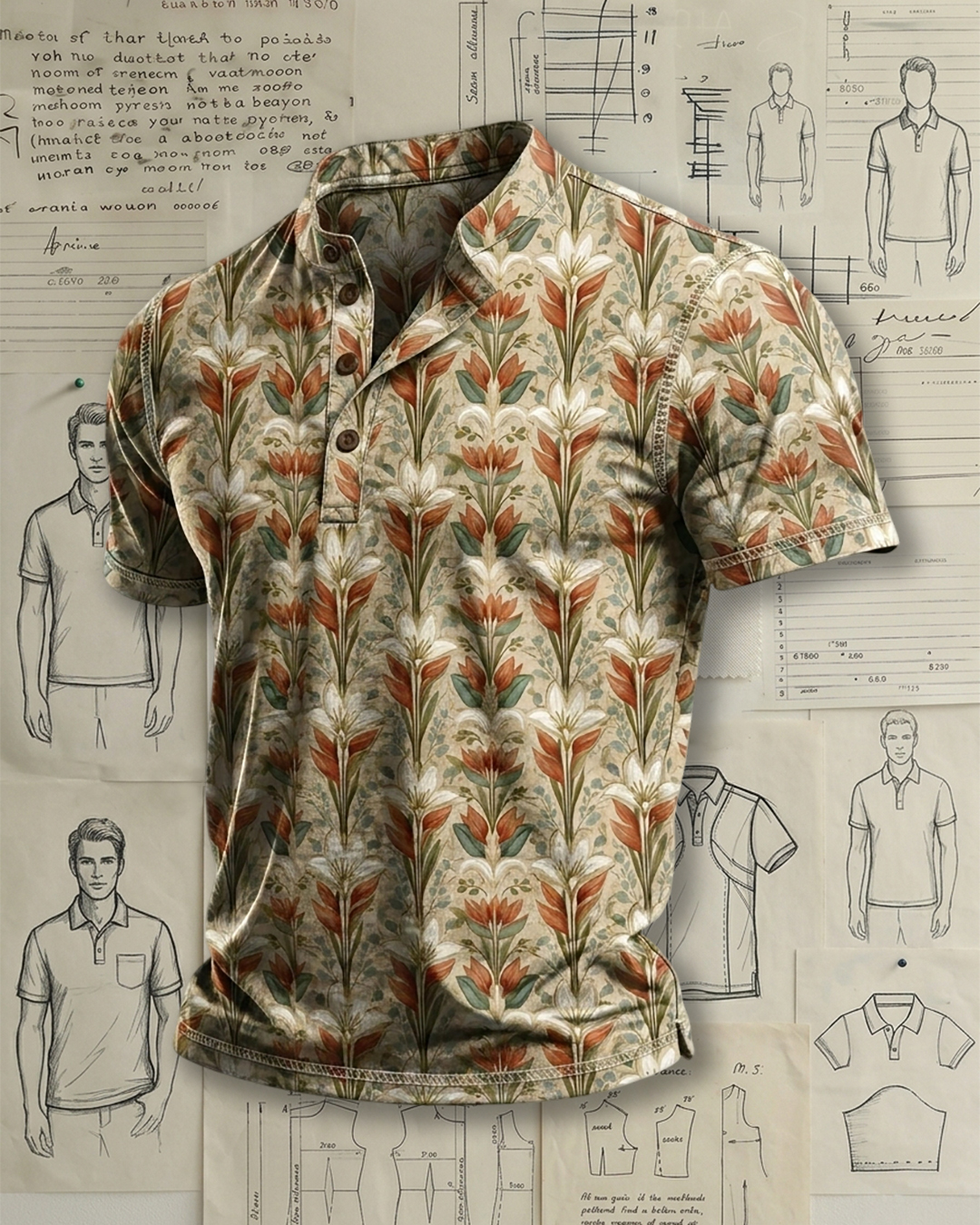 Men's Khaki Retro Orange White Floral Print Regular Fit Vintage Casual Short Sleeve Stand Collar Polo Shirt