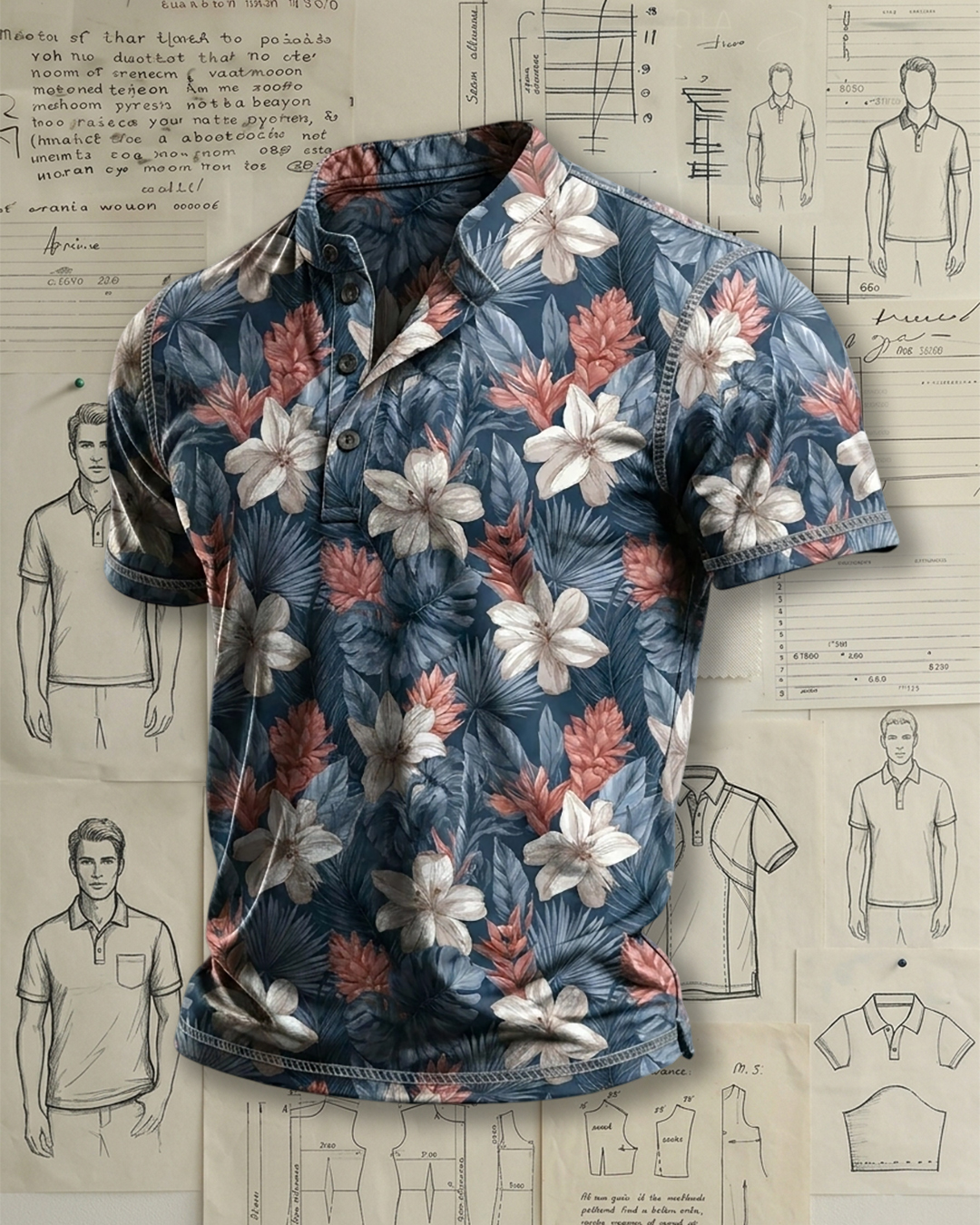 Men's Denim Blue Pink Tropical Lily Print Slim Fit Vacation Casual Short Sleeve Stand Collar Henley Polo Shirt
