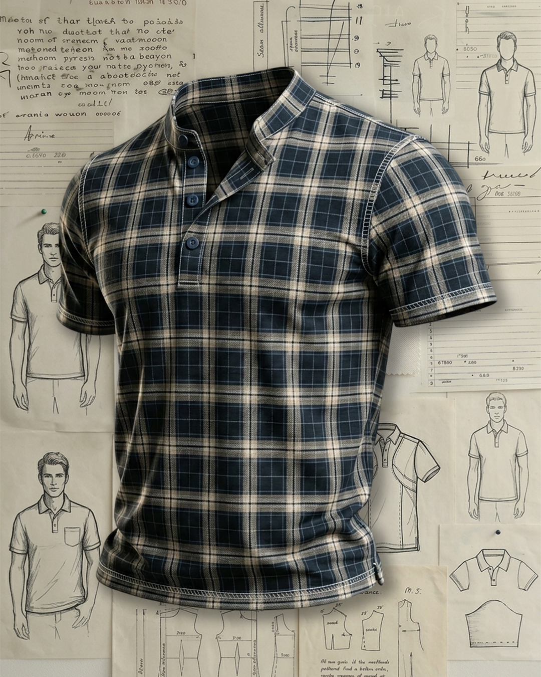 Men's Navy Beige Plaid Print Regular Fit Retro Casual Short Sleeve Stand Collar Henley Polo Shirt