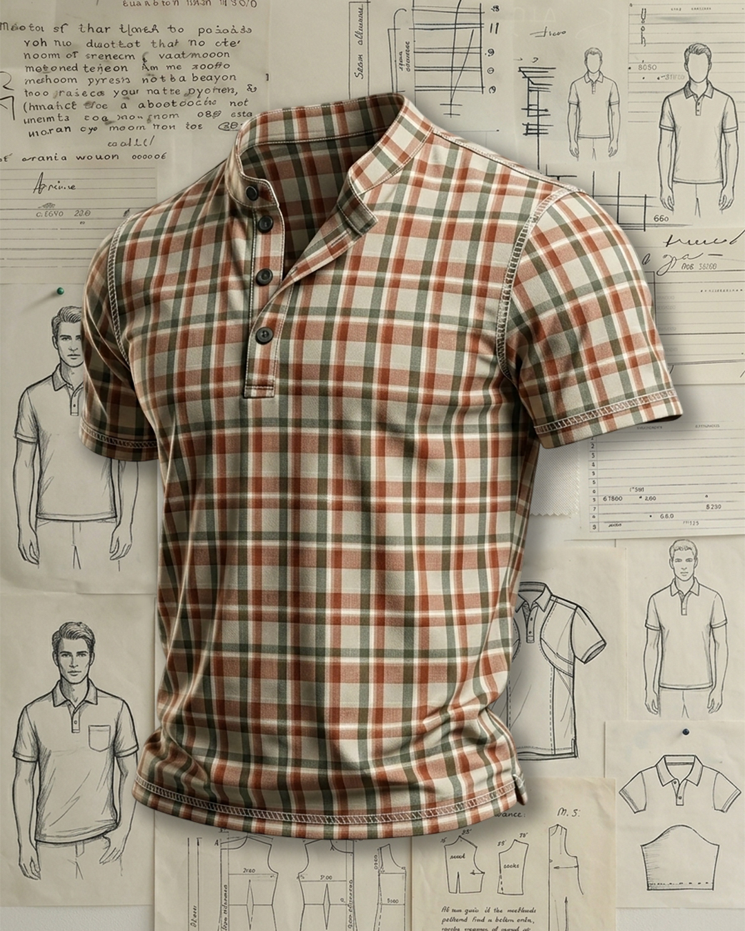 Men's Beige Base Orange Green Plaid Print Regular Fit Retro Casual Short Sleeve Stand Collar Henley Polo Shirt