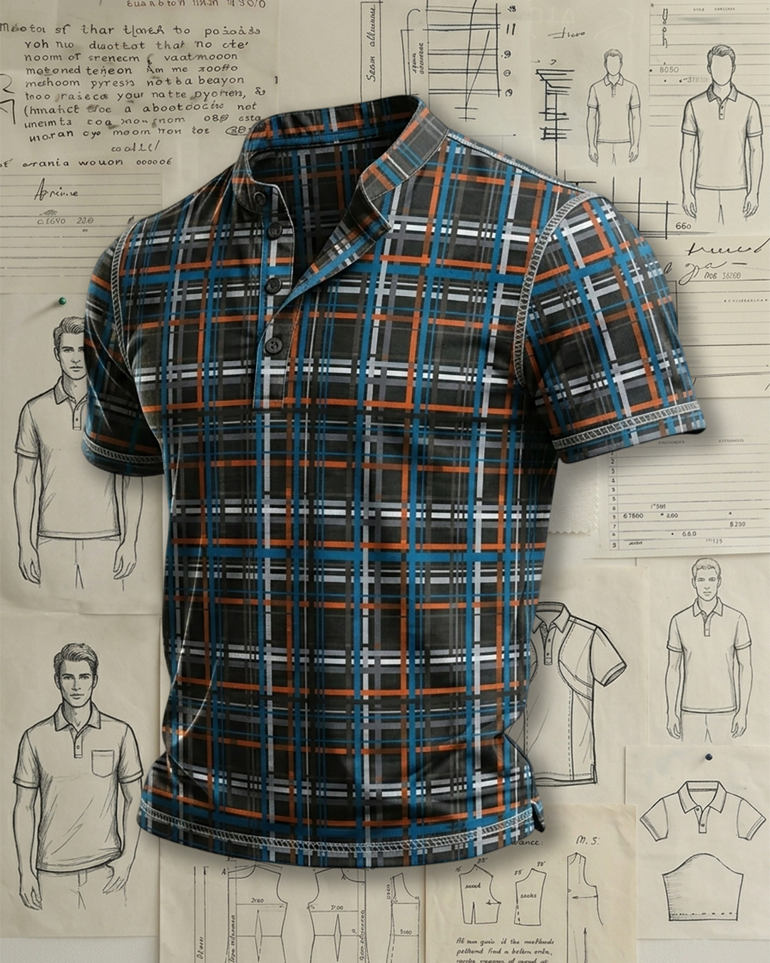 Men's Black Base Blue Orange Plaid Print Slim Fit Vintage Casual Short Sleeve Stand Collar Henley Polo Shirt