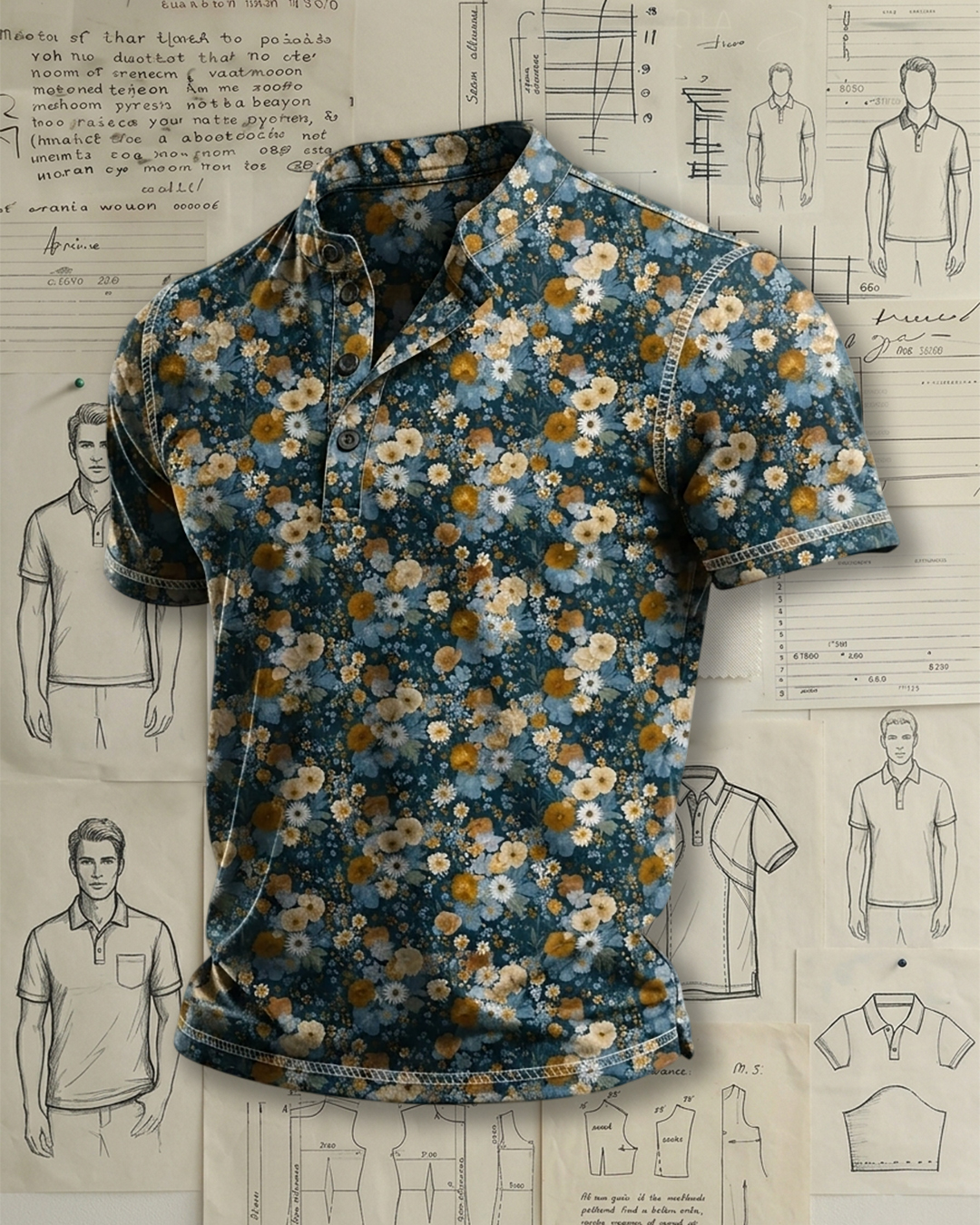 Men's Peacock Blue Yellow White Floral Print Regular Fit Vacation Casual Short Sleeve Stand Collar Henley Polo Shirt