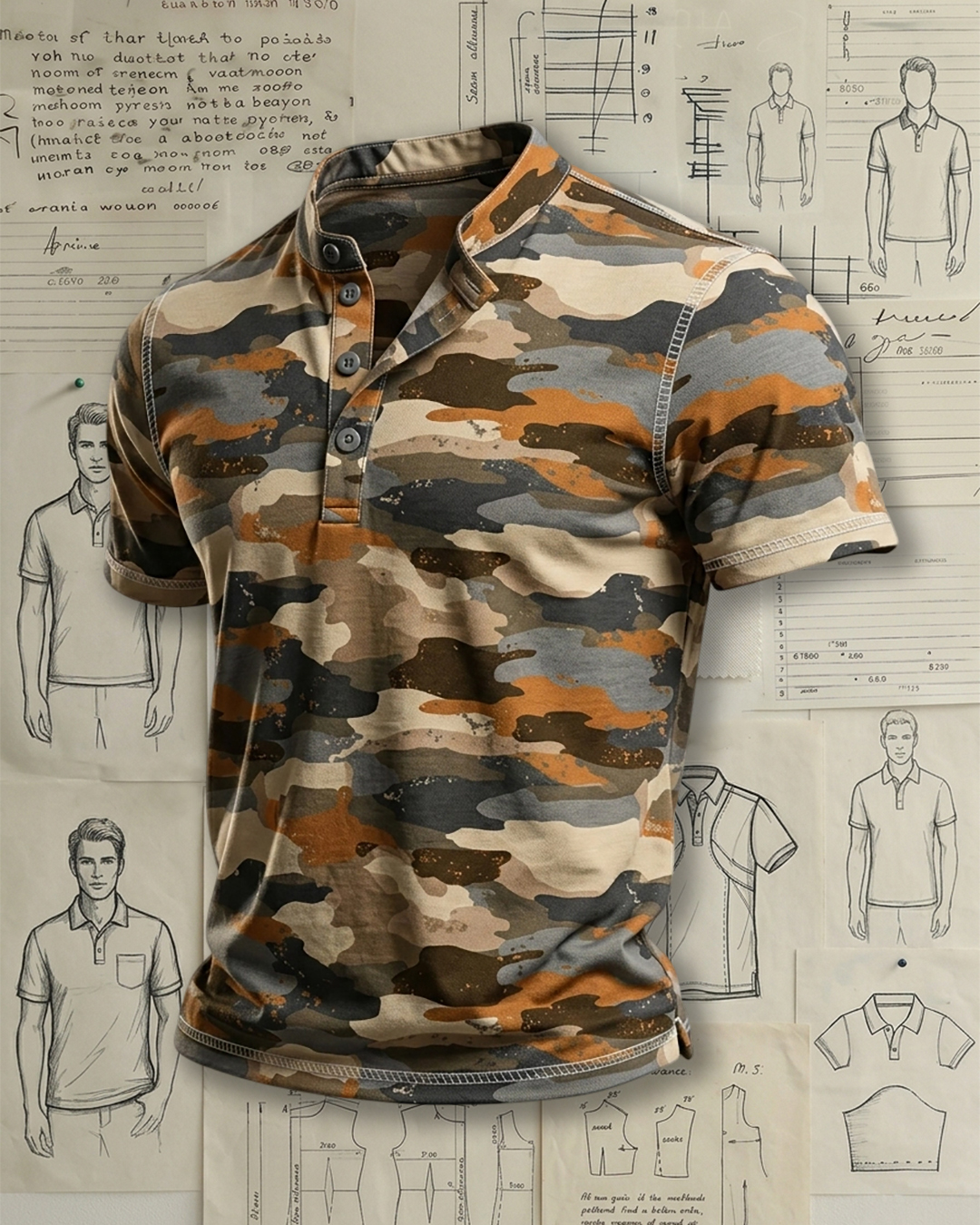Men's Beige Base Orange Grey Camouflage Print Tailored Fit Outdoor Casual Short Sleeve Stand Collar Henley Polo Shirt