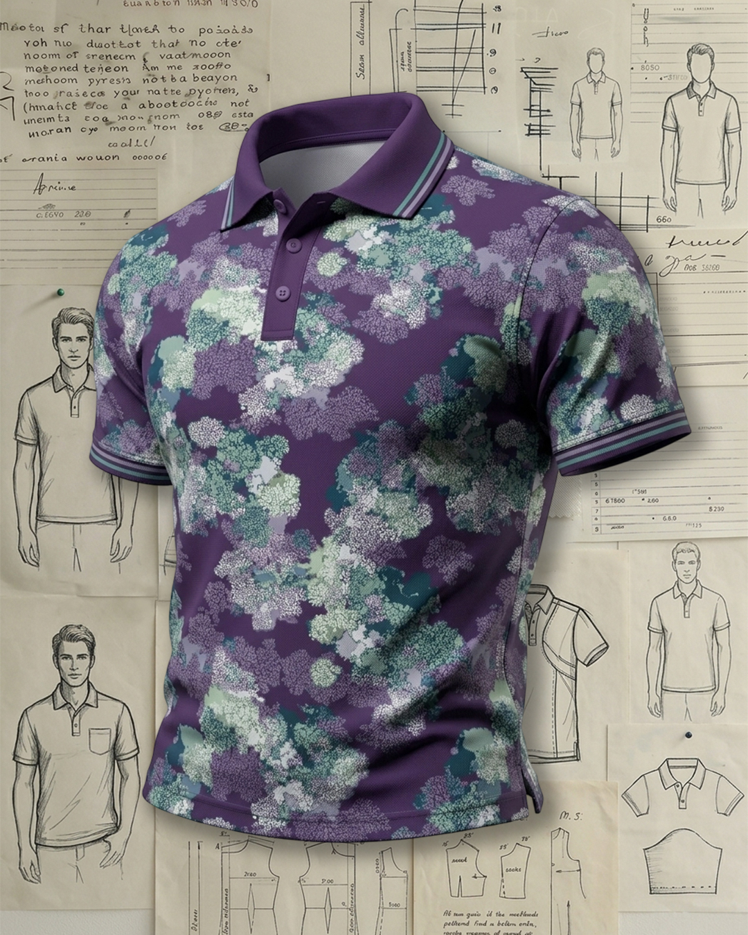 Men’s Purple Watercolor Bloom Short Sleeve Polo