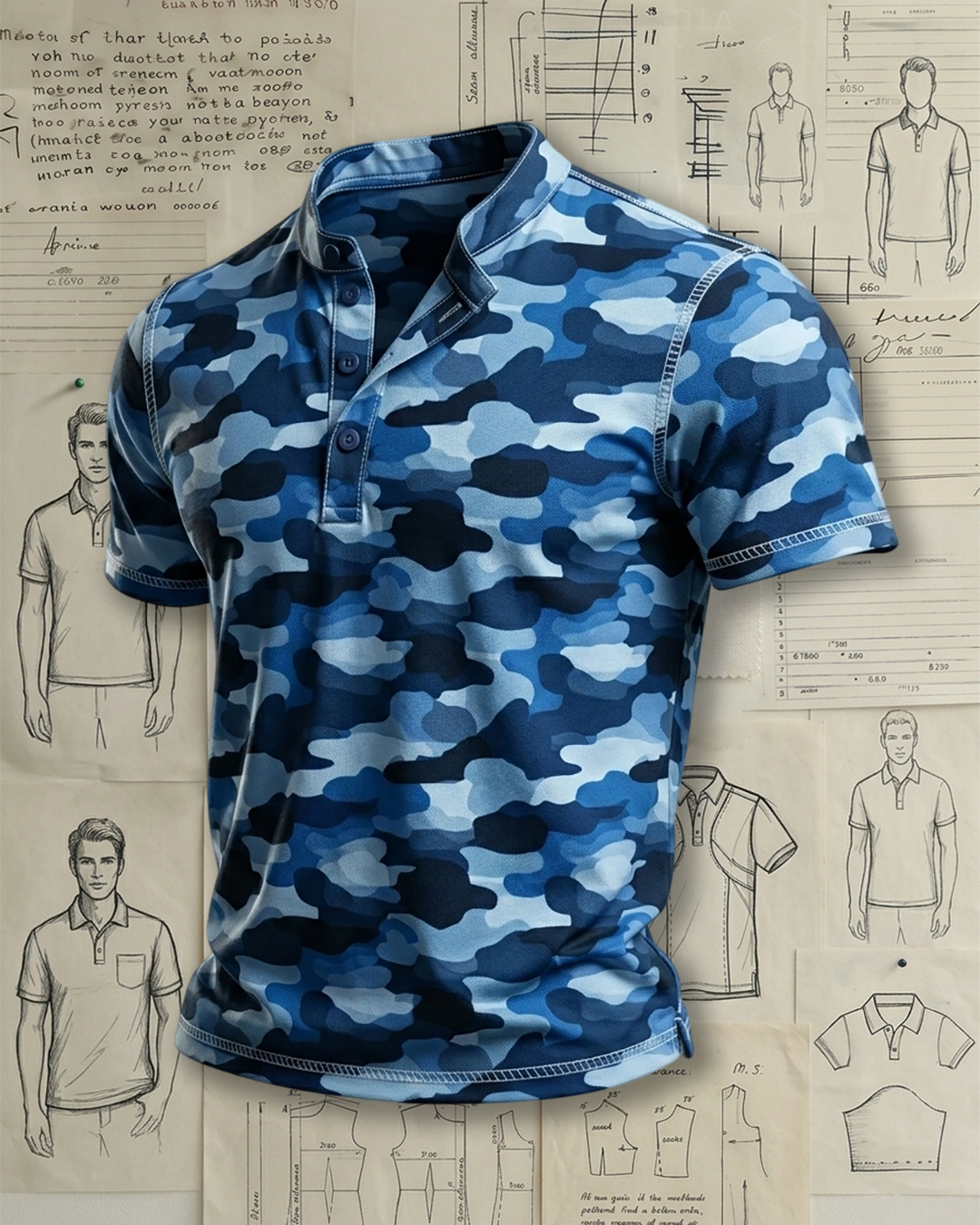 Men's Multi-shade Blue Camouflage Print Slim Fit Outdoor Casual Short Sleeve Stand Collar Henley Polo Shirt