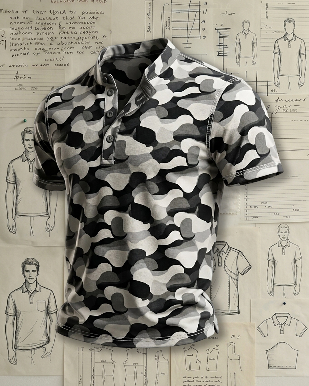 Men's Black White Grey Camouflage Print Regular Fit Daily Casual Short Sleeve Stand Collar Henley Polo Shirt