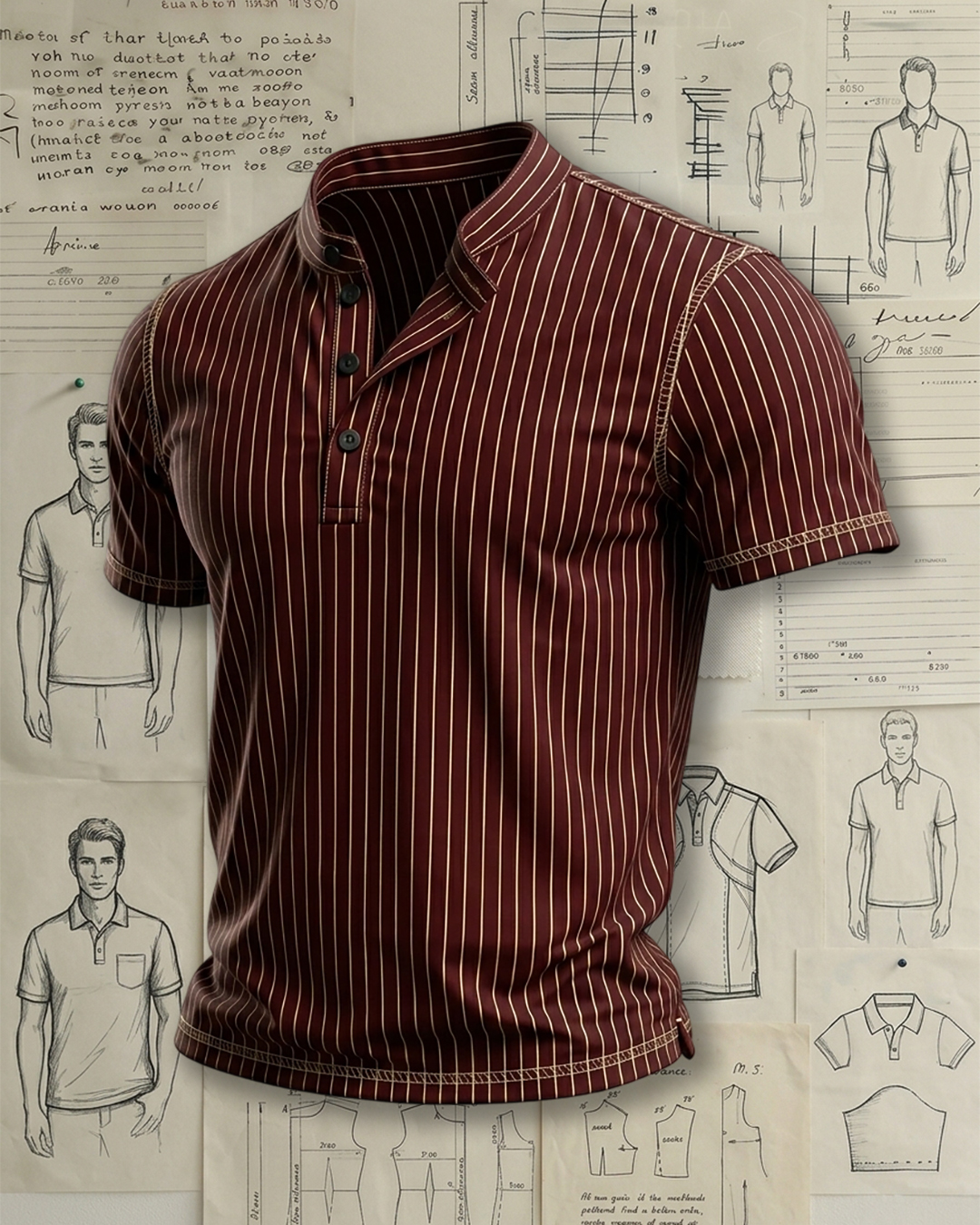 Men's Burgundy White Vertical Stripe Print Slim Fit Daily Casual Short Sleeve Stand Collar Henley Polo Shirt