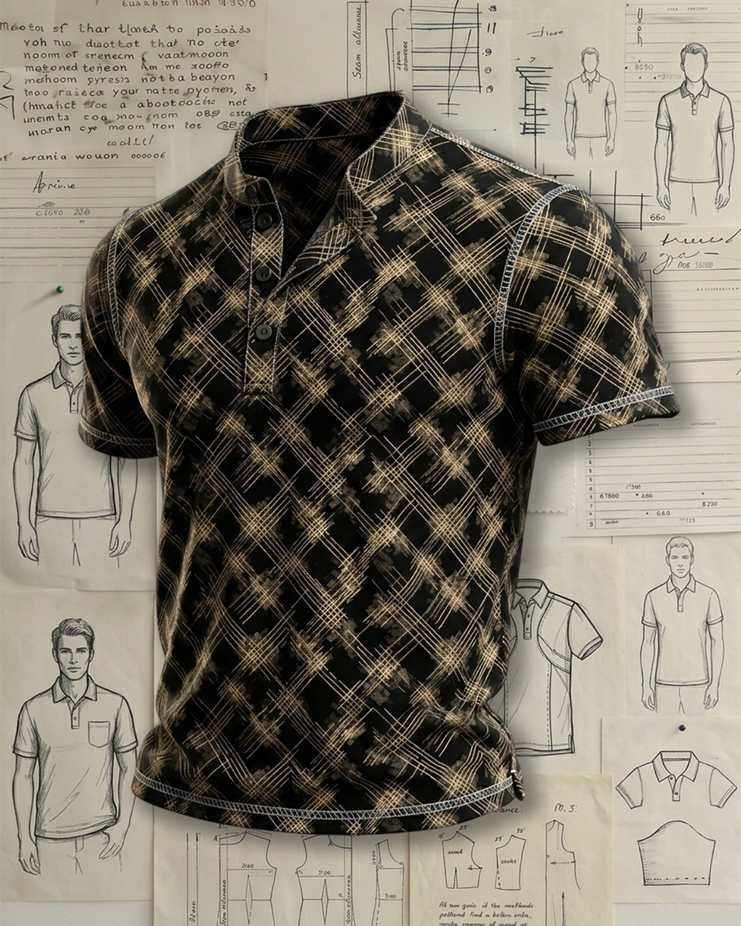 Men's Black Gold Plaid Print Slim Fit Retro Business Casual Short Sleeve Stand Collar Henley Polo Shirt