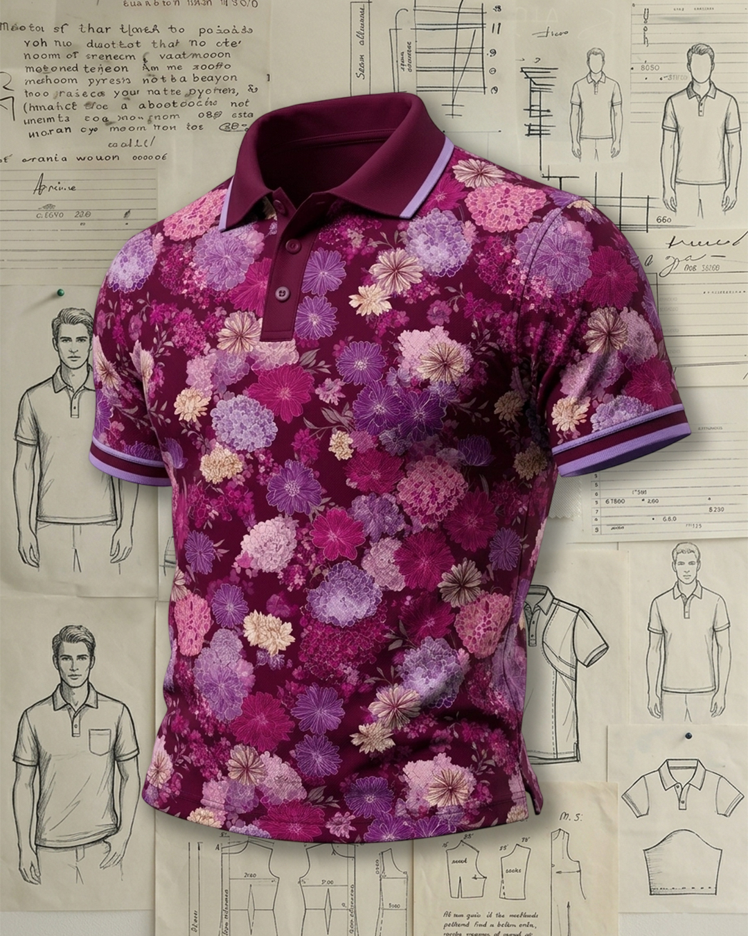 Romantic Burgundy Floral Pattern Men’s Polo
