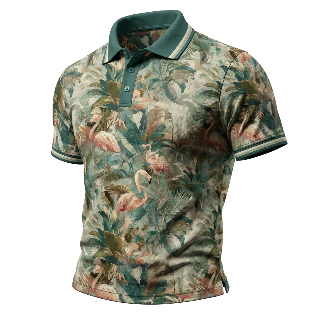 Retro Hawaiian Flamingo Button-Up Polo Shirt