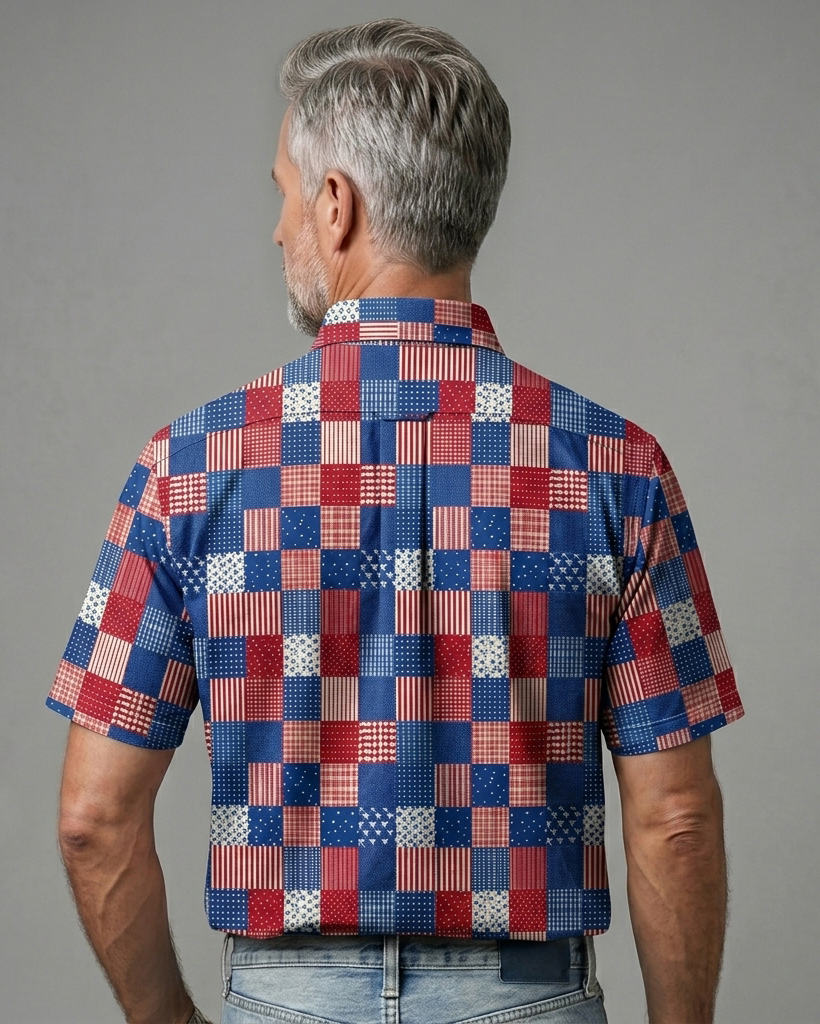 Men's Red Blue White Patchwork Plaid Print Regular Fit Preppy Casual Short-Sleeve Button-Down Collar Shirt